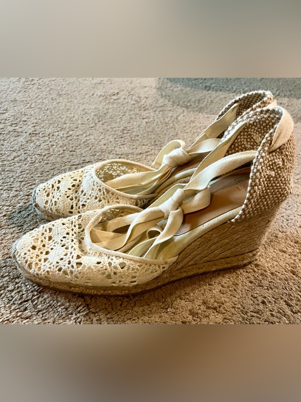 Castaner Cream Crochet Espadrille Wedge with Tie Ankle Straps